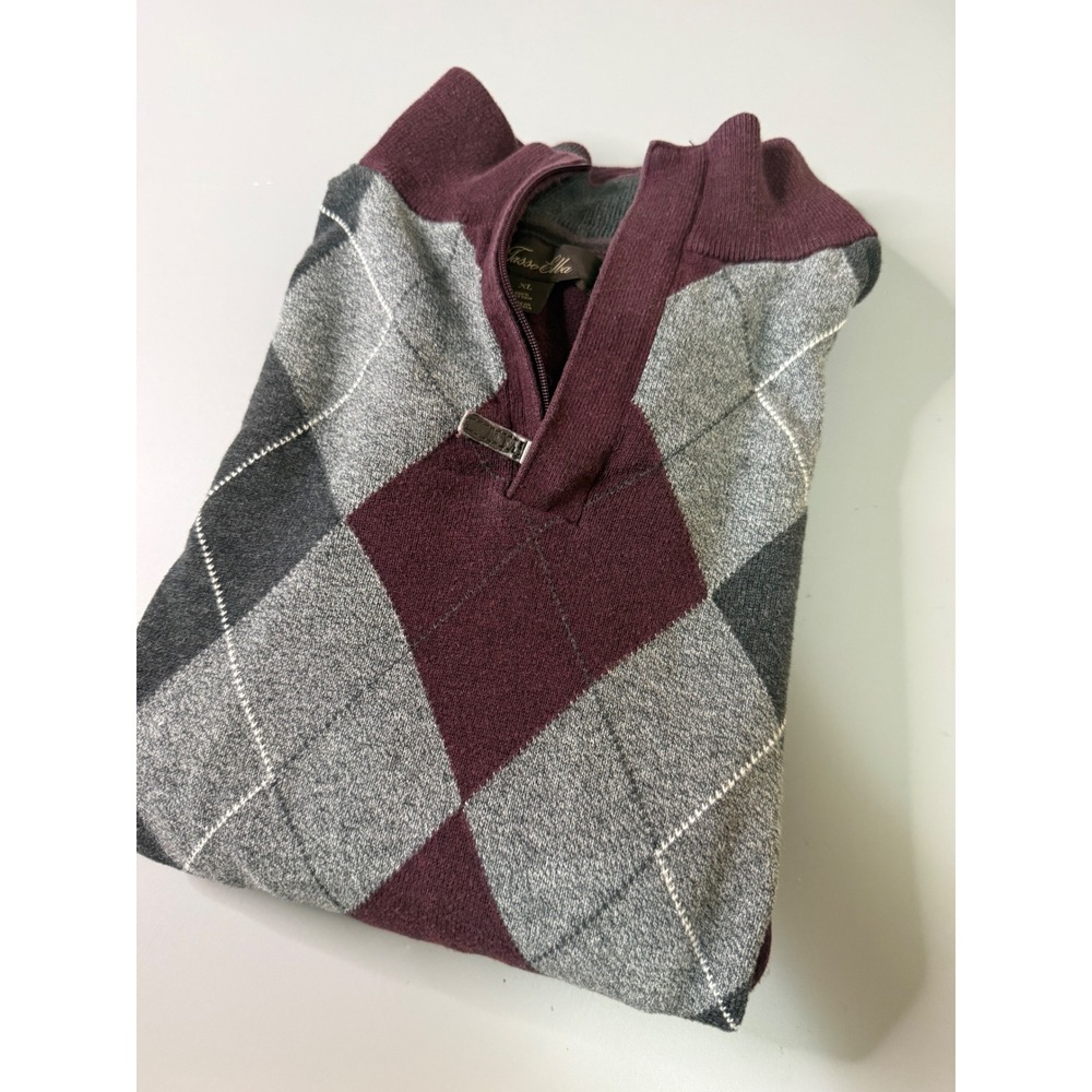 Tasso Elba Mens XL Argyle Quarter Zip Sweater Burgundy Grey 100% Cotton Pullover